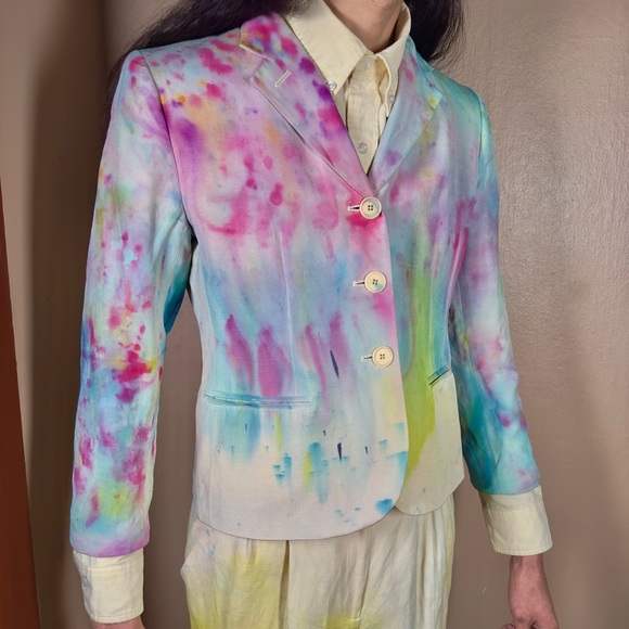 Party Dyed Suit Vintage Painted Blazer Rainbow Boho Jacket Funky Y2K Pants Chic - Picture 12 of 16